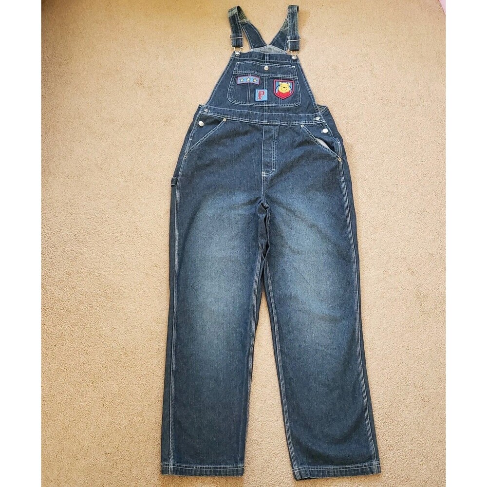 Vintage Y2K Disney Winnie The Pooh Denim Overalls Embroidered Patches  Size Med